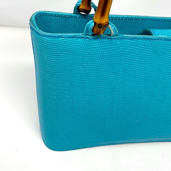 Talbots Vintage 1980s Teal Leather Bamboo Bag - Picture 2 of 16